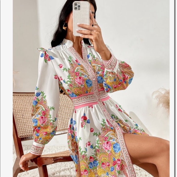 Boho Floral Paisley Print Puff Sleeve Open Front Dress - Picture 6 of 16